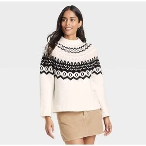 Universal Thread Fair Isle Nordic Sweater Mock Neck Cream Tan Women's Size M